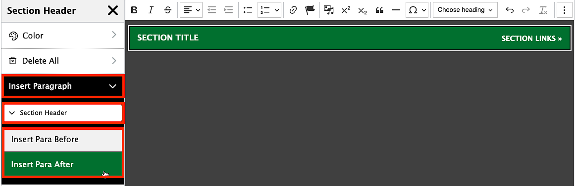 screenshot showing how to insert a new paragraph before or after a section header