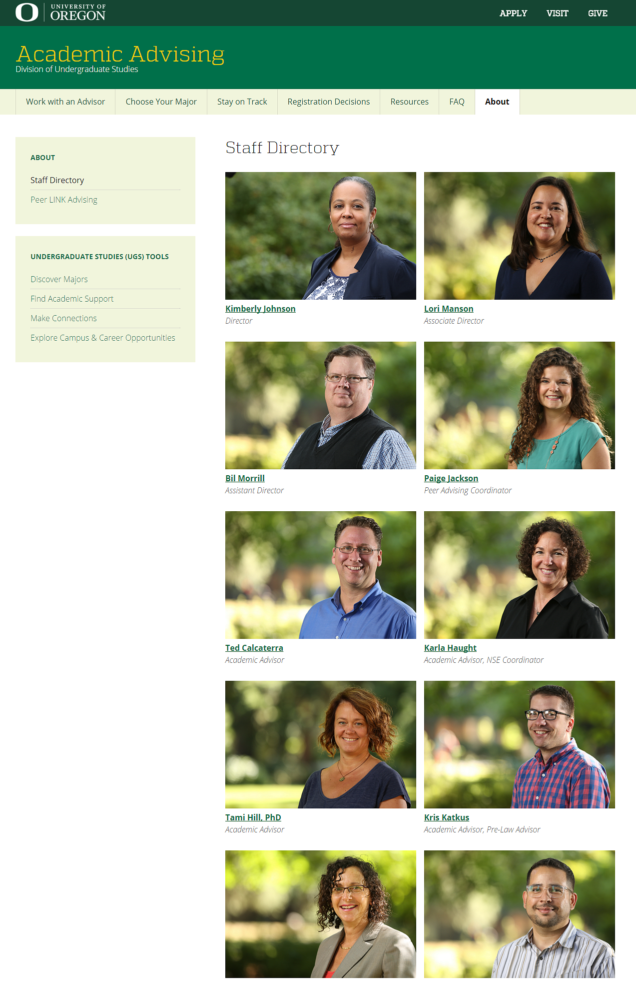 Screenshot of the Academic Advising staff directory