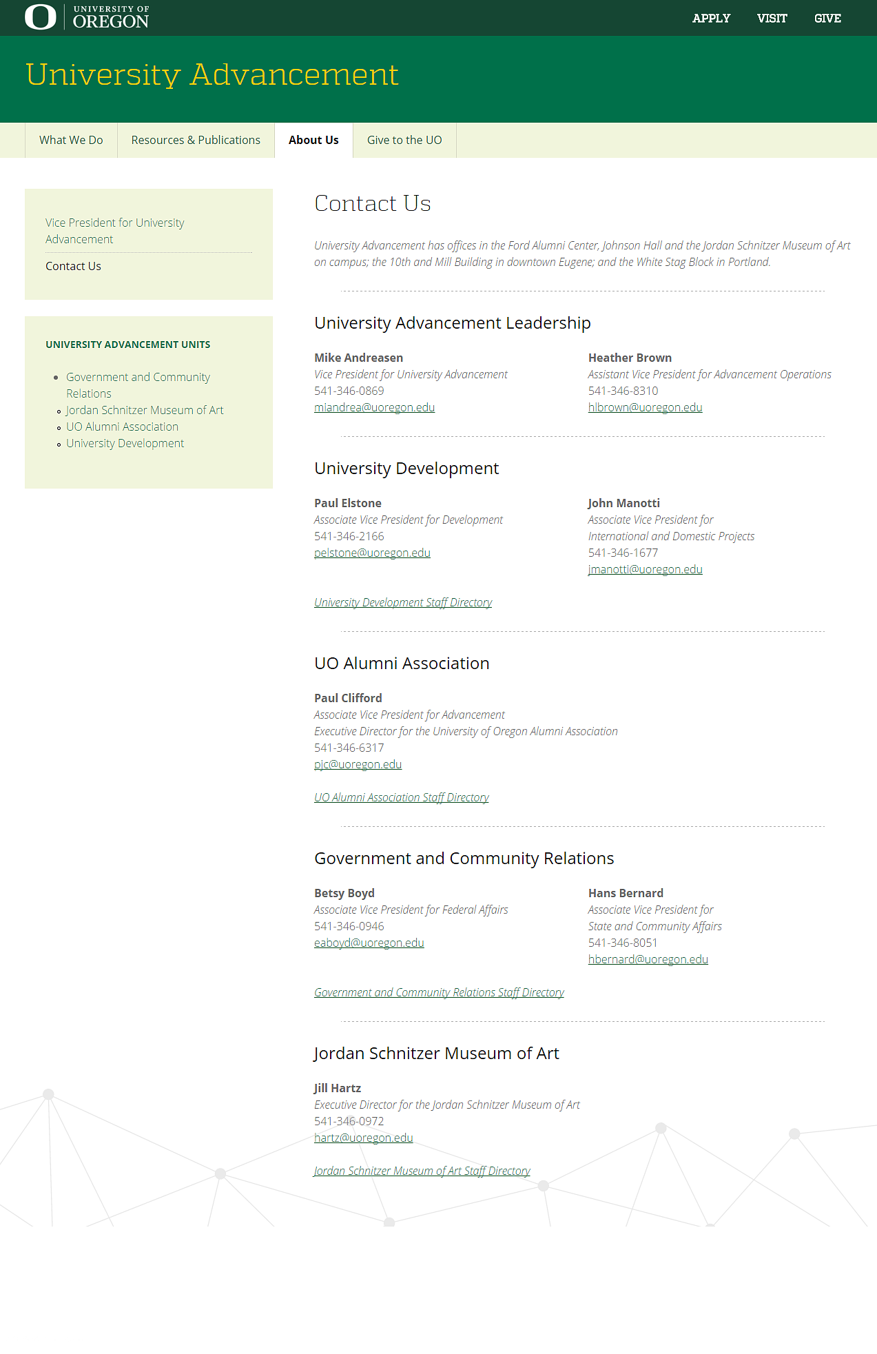 Screenshot of the Advancement staff directory