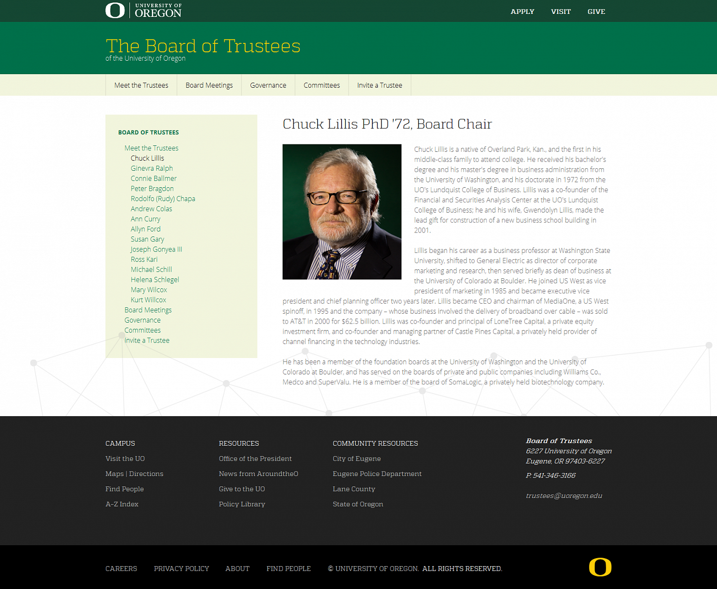 Screenshot of the Board of Trustees Chuck Lillis page