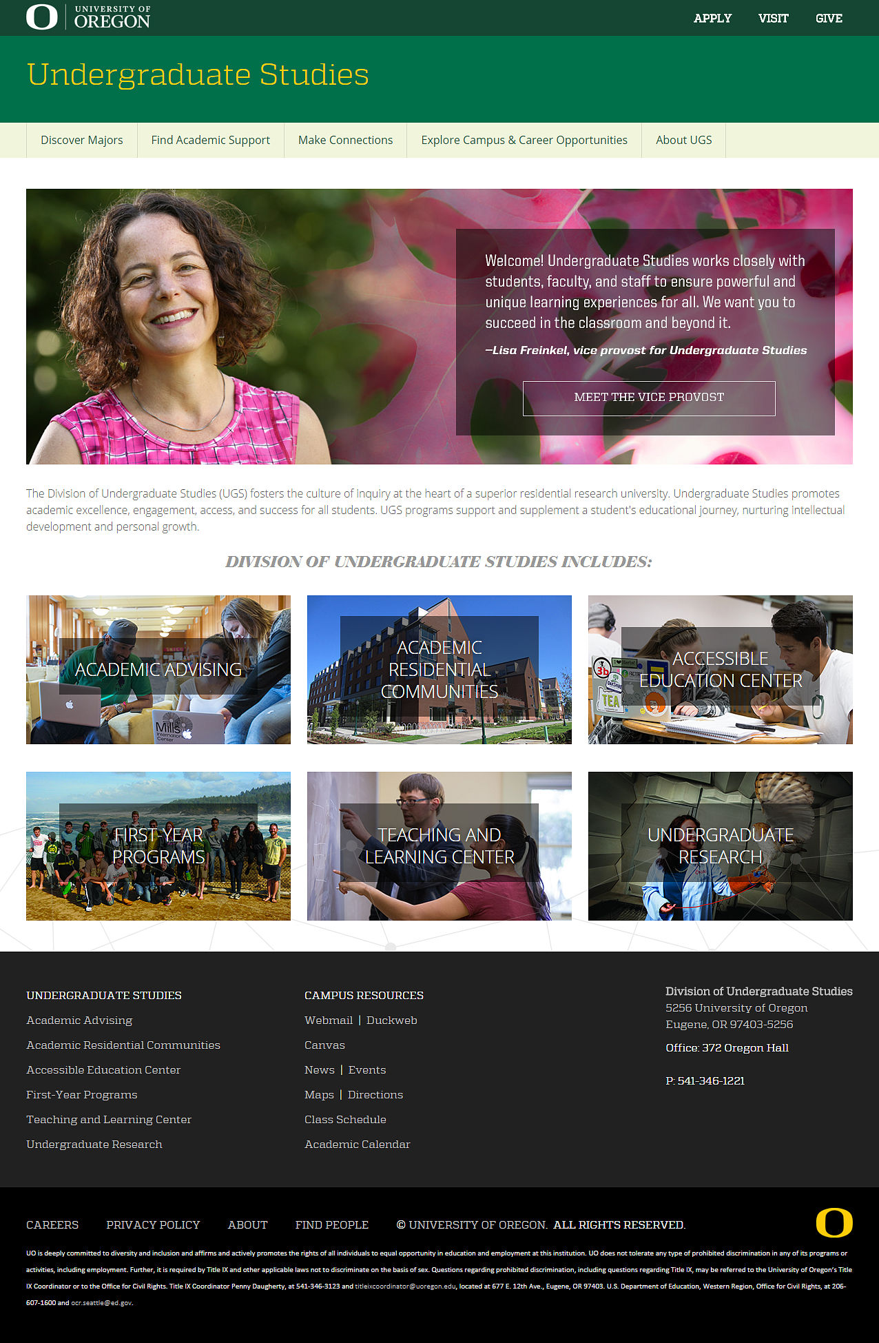Screenshot of the Undergraduate Studies homepage