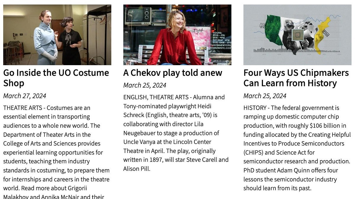 College of Arts and Sciences news feed screenshot showing 6 news story images, each with the story's title and teaser paragraph below
