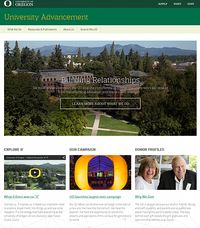 Screenshot of the University Advancement homepage