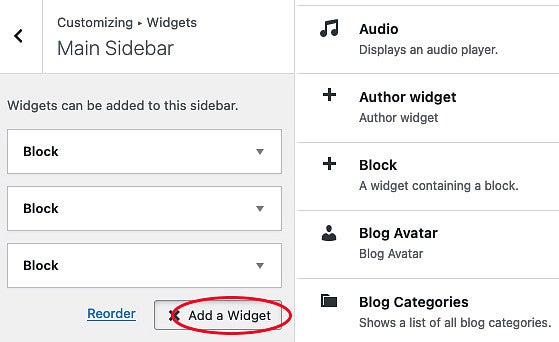 Add a Widget WordPress screenshot
