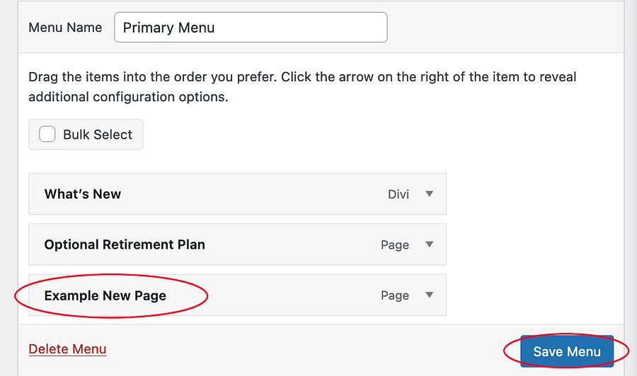 Adding a top-level page to the navigation in WordPress screenshot