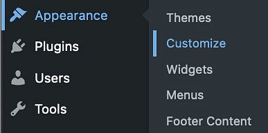 Appearance Customize WordPress menu screenshot