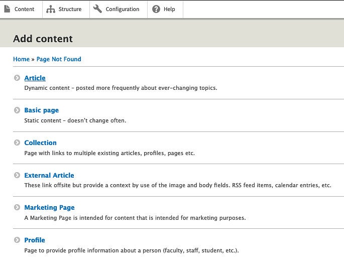 Drupal Add Content menu with Article highlighted