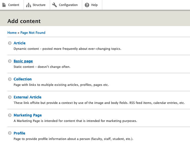 Drupal Add Content menu with Basic Page highlighted
