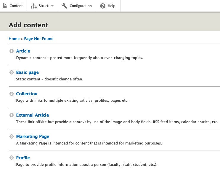 Drupal Add Content menu with External Article highlighted