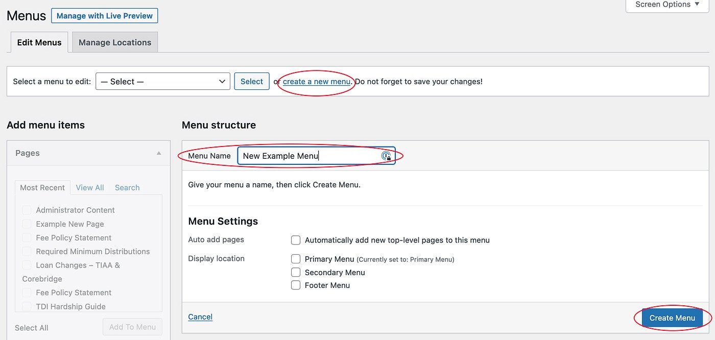 Creating a new menu in WordPress screenshot