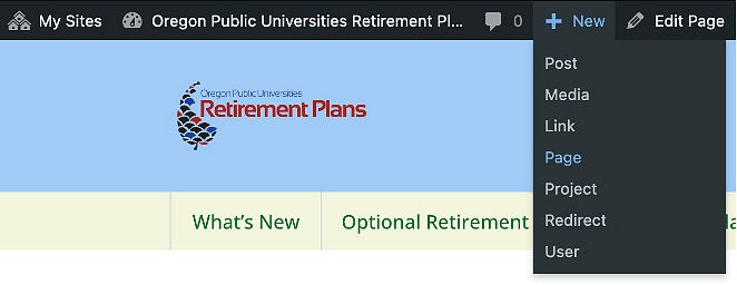 Creating a new page in WordPress screenshot