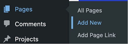 Adding a new page in Wordpress screenshot