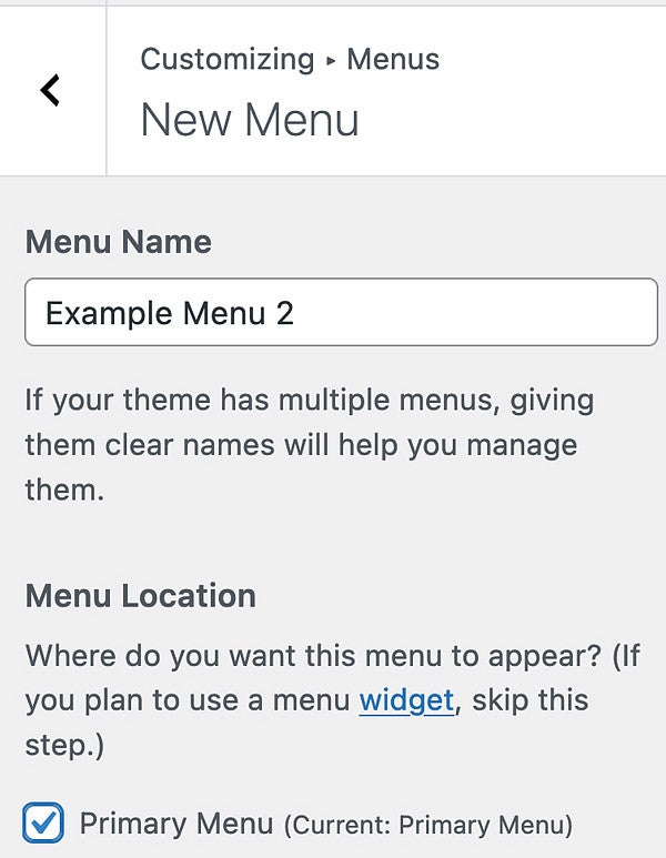 Selecting a primary menu in WordPress screenshot