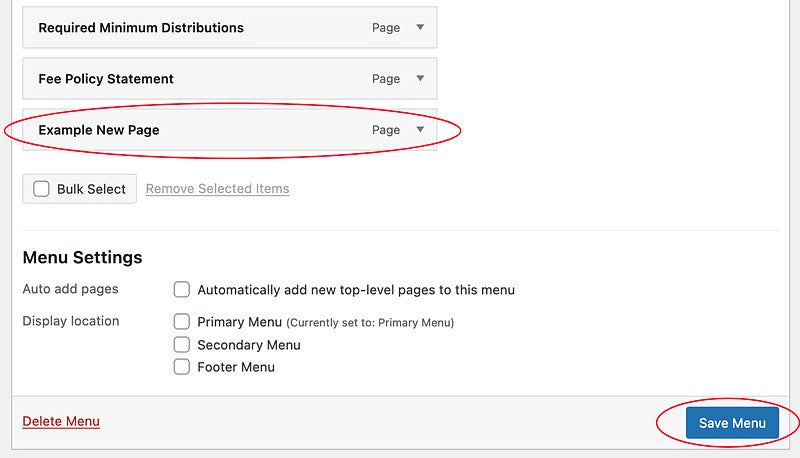 Saving a menu change in WordPress screenshot