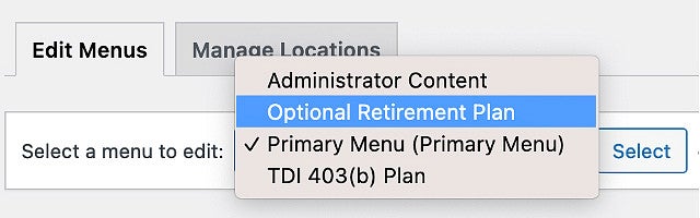 Selecting a menu in WordPress screenshot