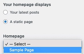 Static page option WordPress screenshot