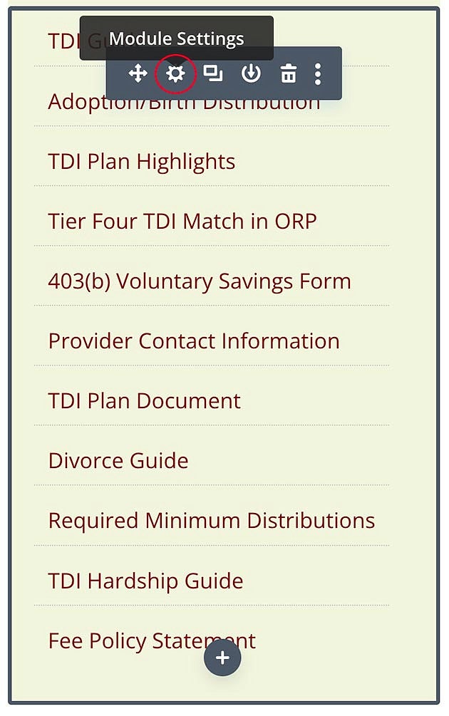 Selecting the submenu module gear in WordPress screnshot