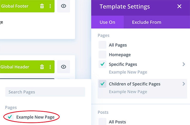Selecting a child page in the Divi template builder in WordPress screenshot