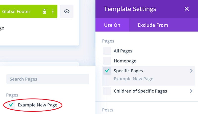 Selecting a page in the Divi template builder in WordPress screenshot
