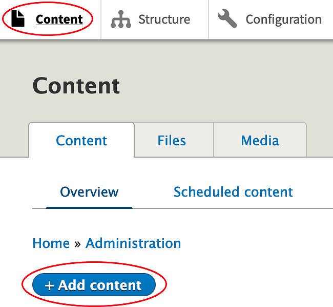 Content buttons in Drupal screenshot