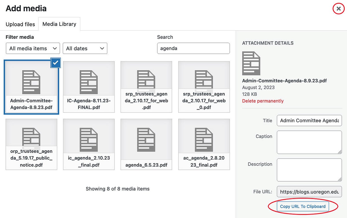 Add Meda window in Wordpress screenshot