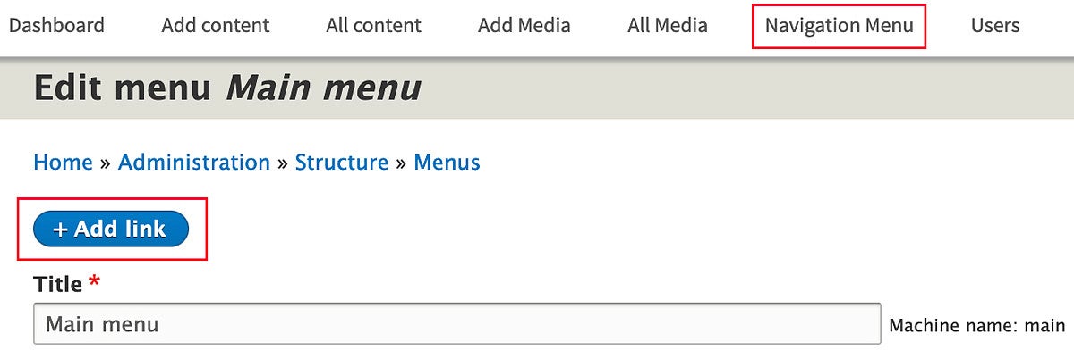 Adding a link to a menu in Drupal screenshot