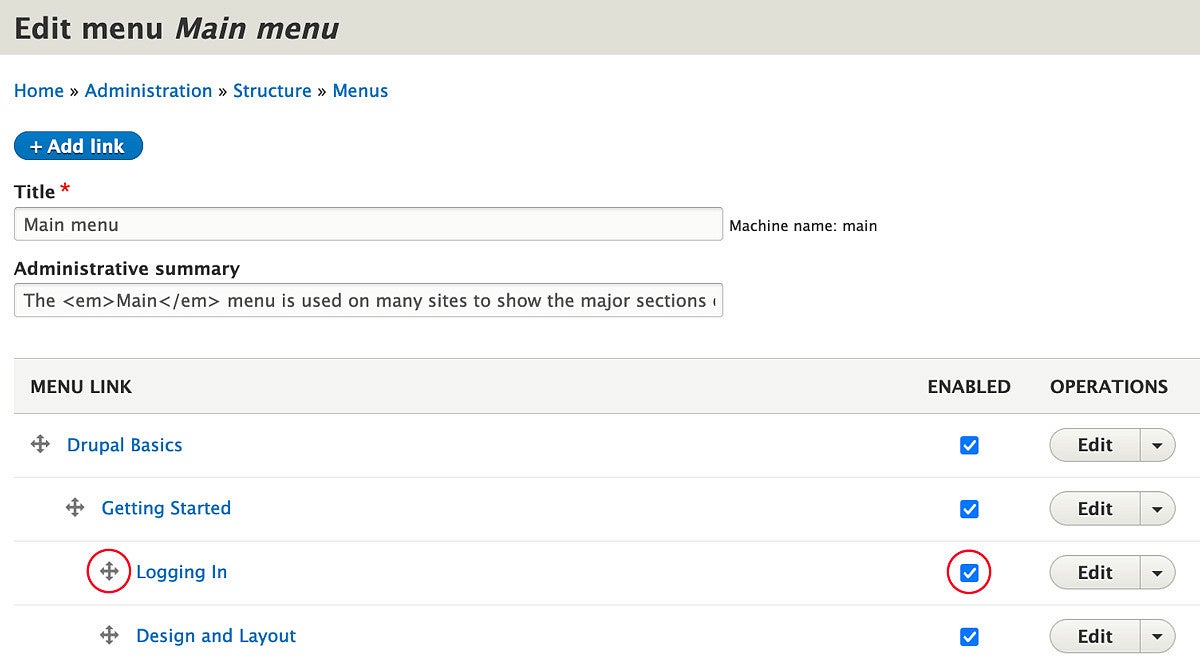 Editing the main menu in Drupal screenshot