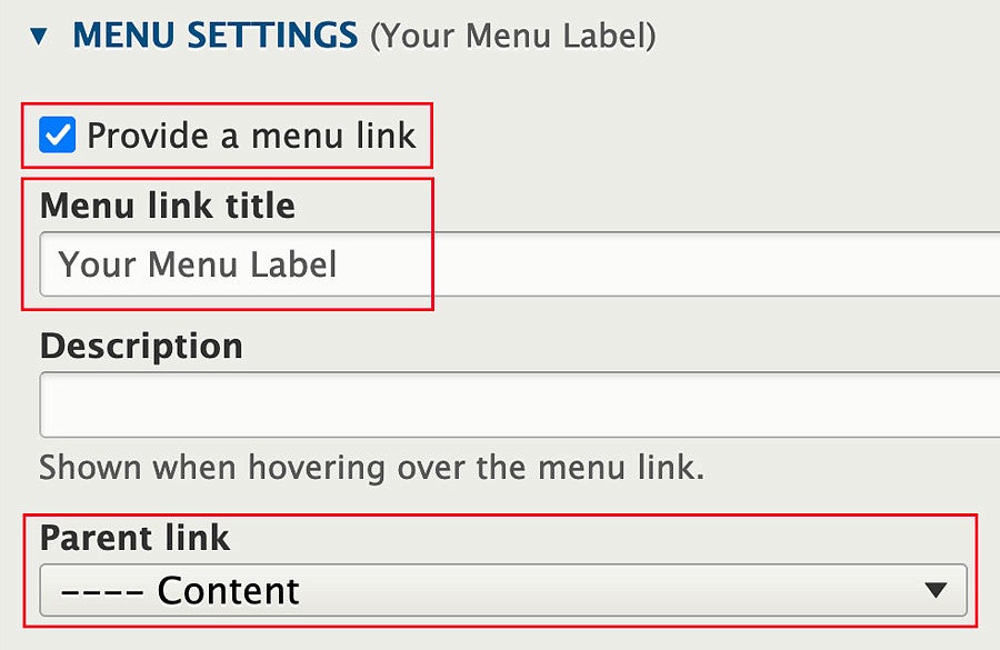 Adjusting menu settings in Drupal screenshot