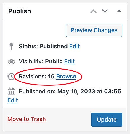 Browsing revisions in WordPress screenshot