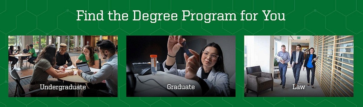 "Find the Degree Program for You" with three column grid undneath, with photo buttons for Undergraduate, Graduate, and Law