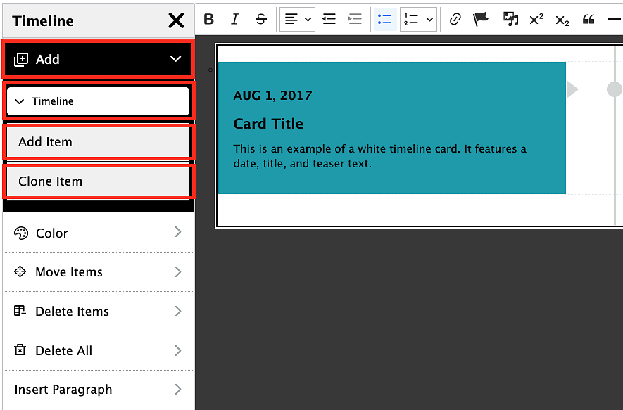 screenshot of how to add a timeline item