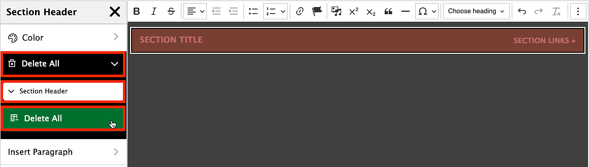 screenshot showing how to delete a section header