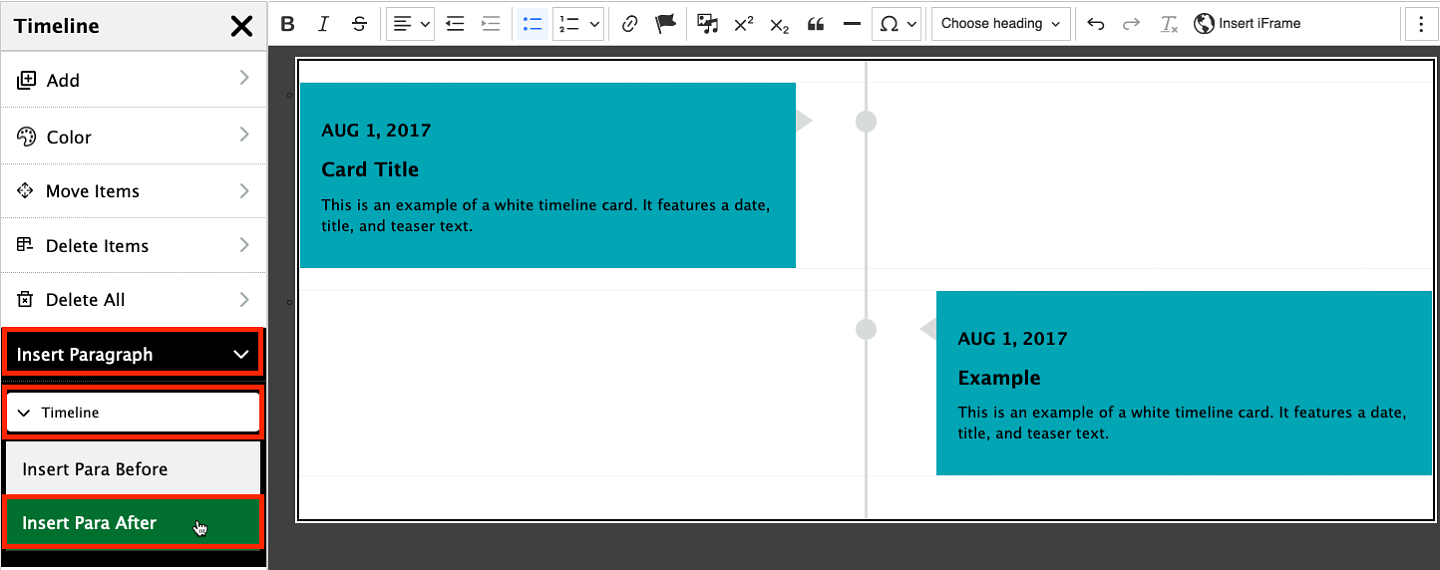 screenshot of how to insert a paragraph before or after a timeline