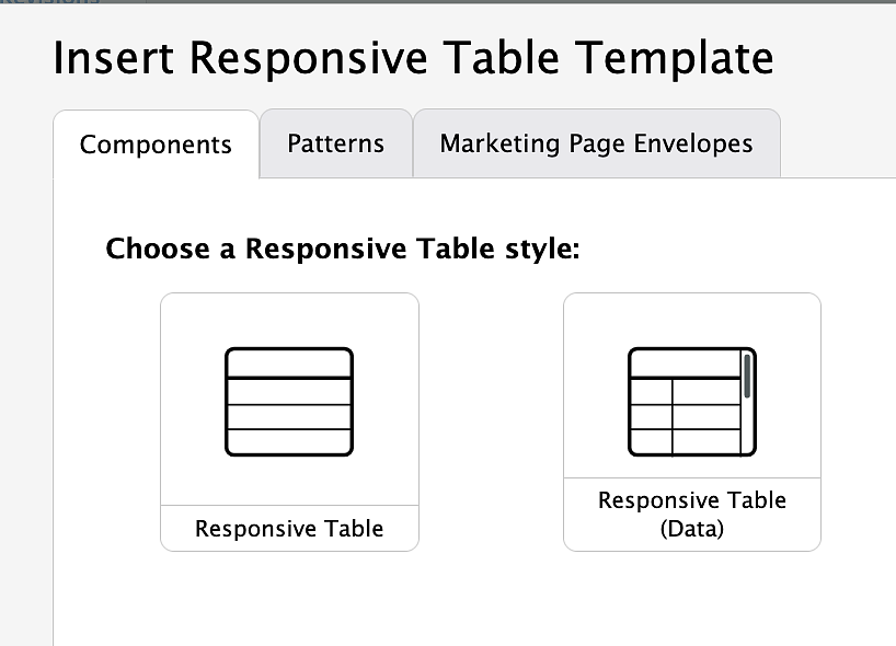 screenshot of different table options