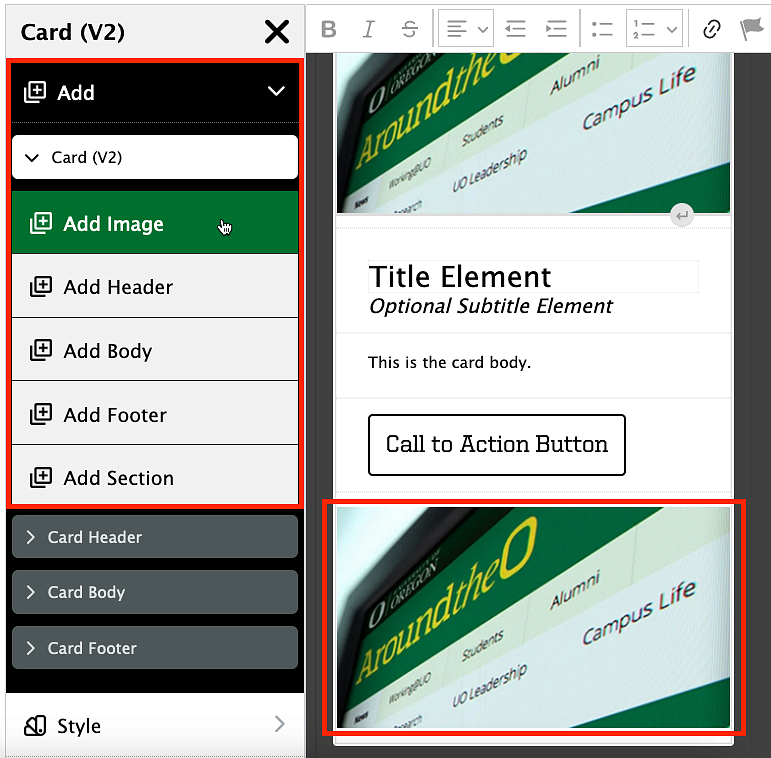 screenshot showing how to add a component below a card