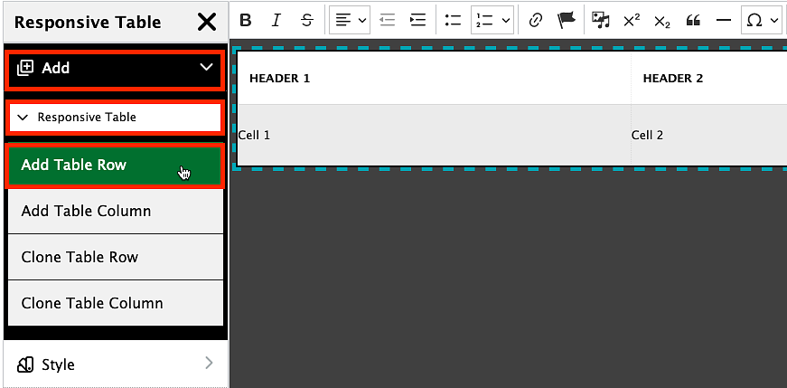 screenshot showing how to add a row to a table