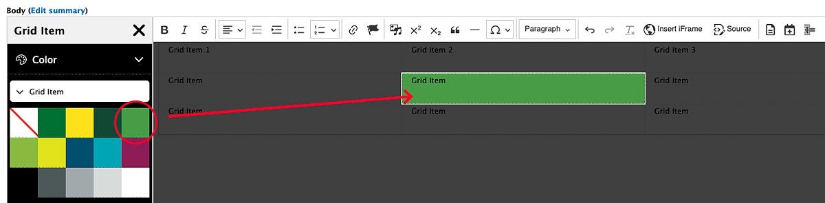 example of a green background color being added to a grid item in the Drupal content editor