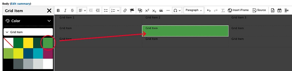 example of a green background color being added to a grid item in the Drupal content editor