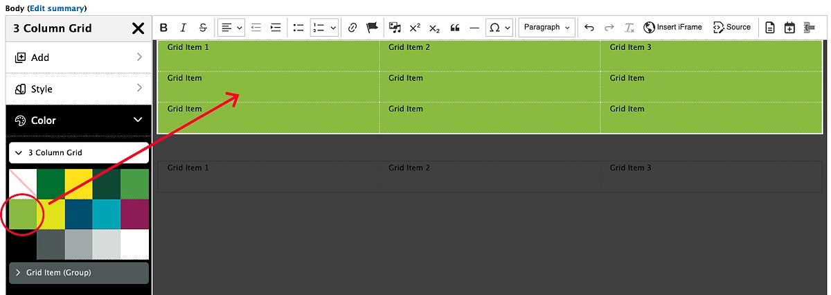 example showing a green background seleced in the Drupal content editor