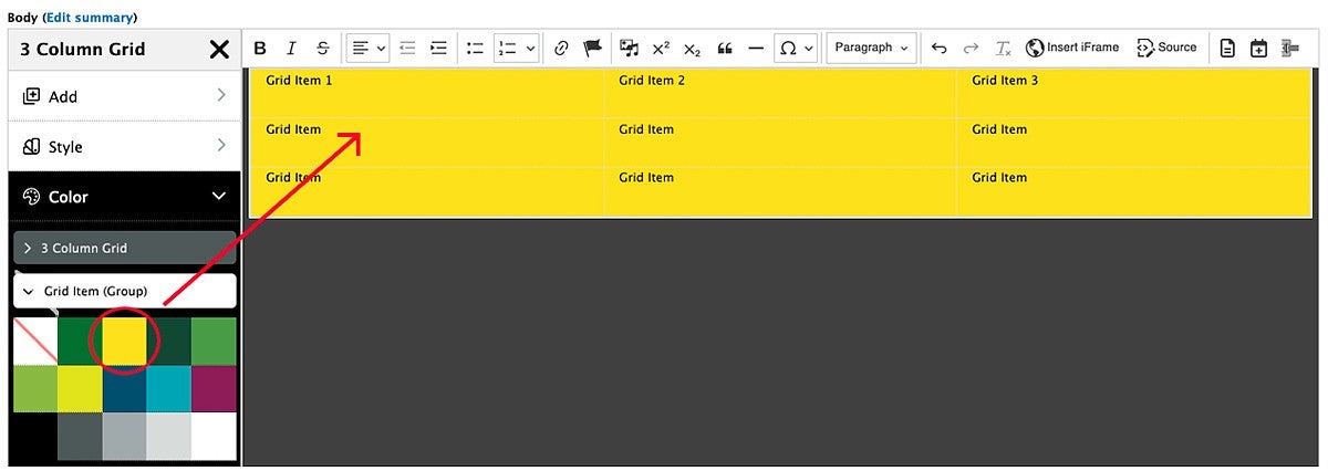 example showing a yellow grid background selected in the Drupal content editor