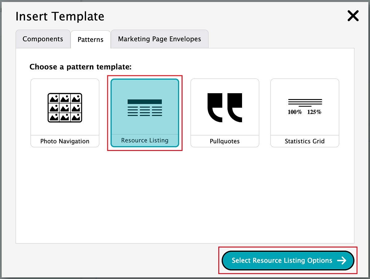 selecting the Resource Listing template in the Drupal content editor