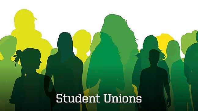 photo button that says Student Unions at the bottom with a drawing of overlapping silhouettes in the background