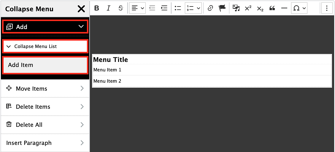 screenshot of the collapsible menu sidebar editor