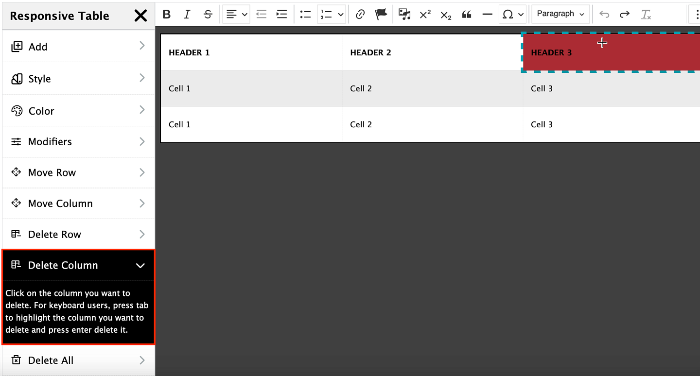 screenshot showing how to delete a column from a table