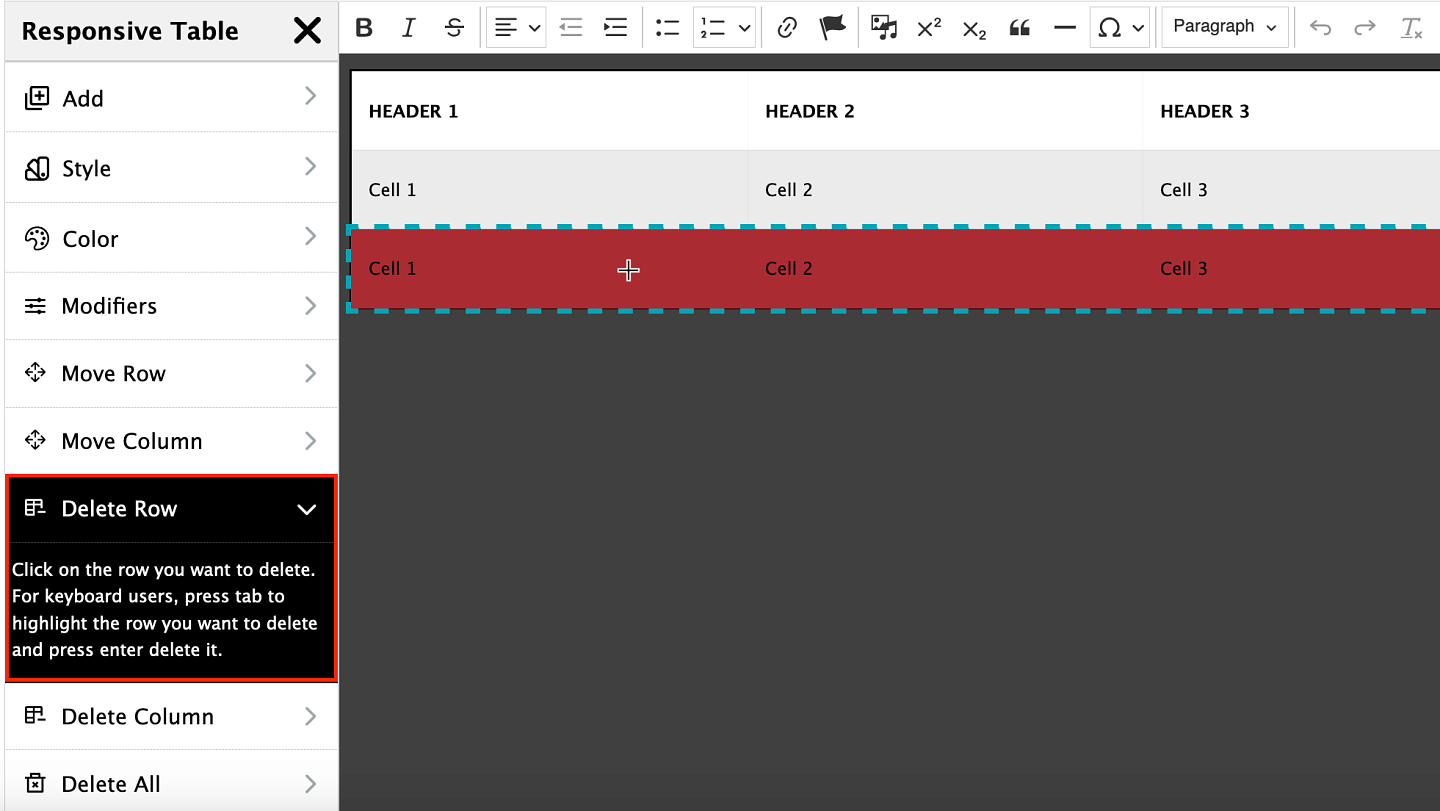 screenshot showing how to delete a row from a table