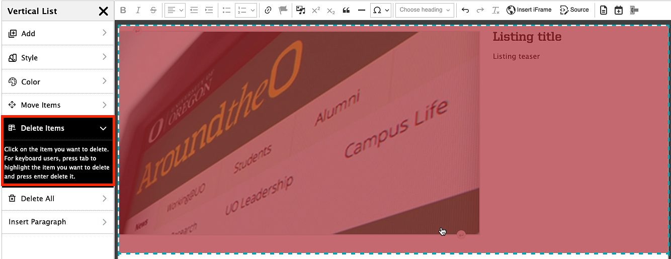 screenshot showing how to delete a vertical list item