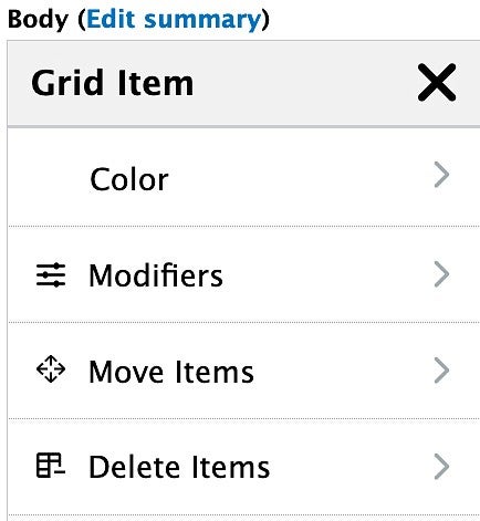 the Grid Item editing menu in the Drupal content editor