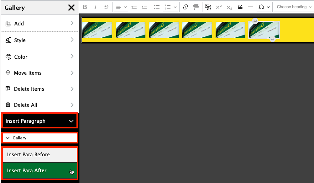 screenshot showing how to insert a space before or after a gallery
