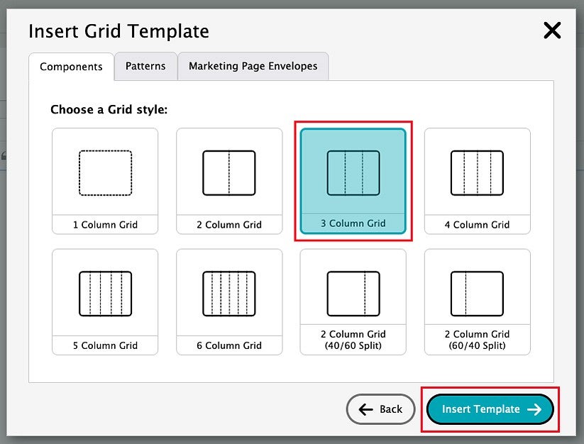 inserting a 3 column grid using the Drupal content editor, with buttons highlighed in red