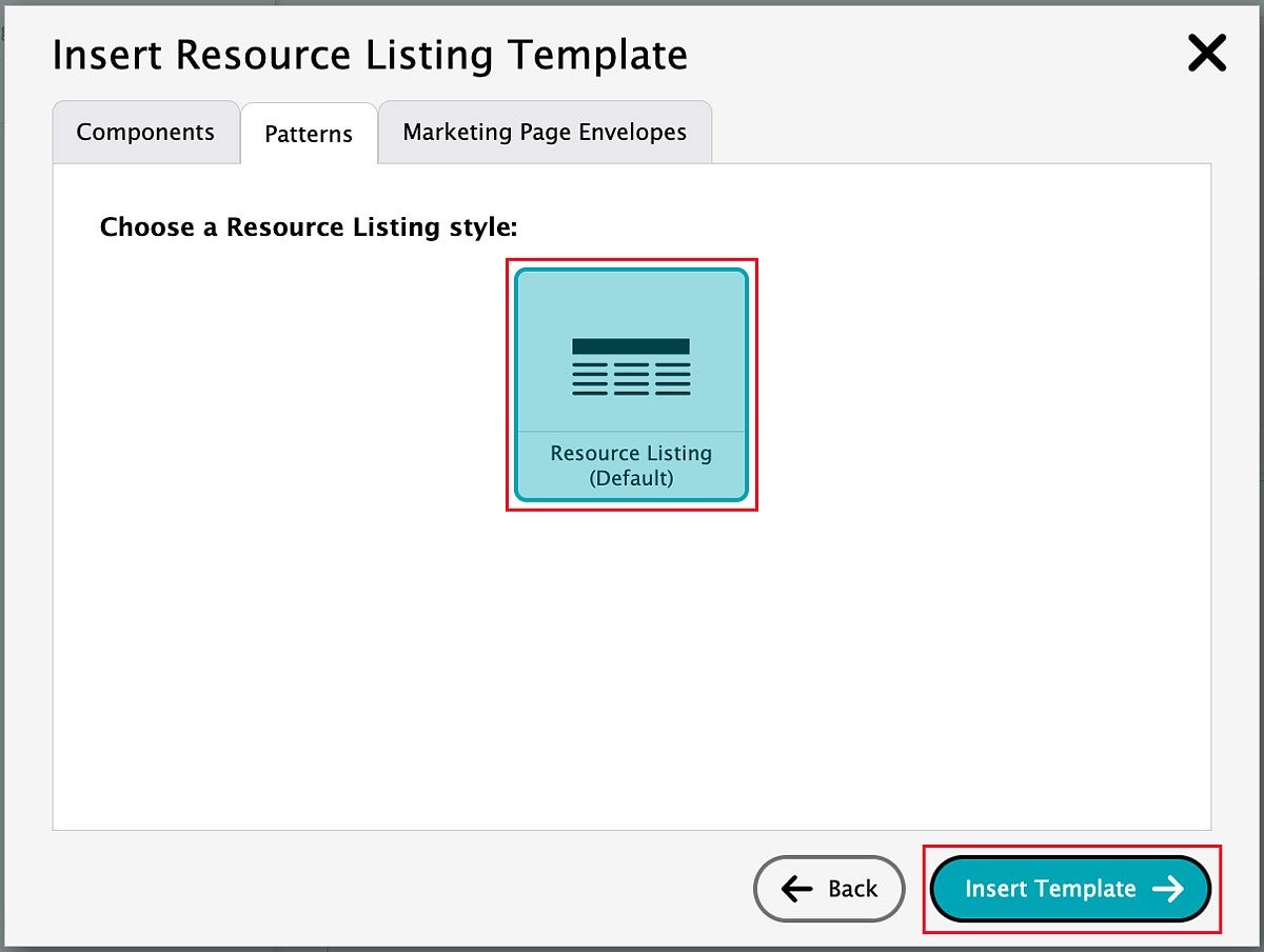 insterting a Resource Listing template in the Drupal content editor